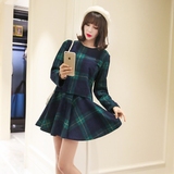 固里果2015秋冬新款韩版女装格子长袖上衣半身裙毛呢两件套装