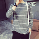 秋季韩版男装青少年长袖t恤男士潮流修身秋衣日系条纹体恤打底衫