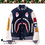 日本代购包邮 BAPE SHARK 猿人皮鲨鱼羊毛皮袖棒球外套特价
