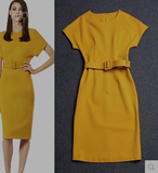 2015初秋新款女装商场同款亮黄色连衣裙配腰带修身显瘦正式礼服裙