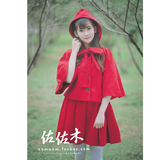 日系软妹学院风学生洛丽塔披肩小红帽斗篷毛呢子外套大衣短款女冬