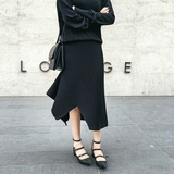 2016春季新款 超显瘦立体不规则针织纹理黑色半裙女开叉半身长裙