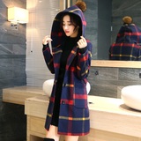 毛呢外套秋天格子女韩版中长款加厚冬季学生及膝连帽宽松大衣