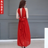 收腰显瘦气质雪纺连衣裙夏季时尚修身性感露背红色礼服长裙沙滩裙