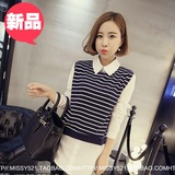2016春季新款韩版时尚翻领条纹拼接长袖套头假两件衬衫学生衬衣女