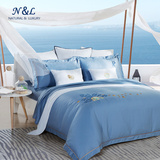 N＆L夏季蓝色海洋生活床品纯棉贡缎四件套地中海风格床单式1.8M床