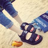 韩版厚底魔术贴黑色运动凉鞋女潮鞋罗马平底凉鞋女学生夏季沙滩鞋
