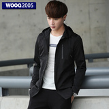 WOOG2005韩版修身中长款风衣男青年2016春季薄款黑色连帽休闲外套