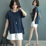 2016夏季新韩版短袖上衣T恤两件套休闲棉麻阔腿短裤时尚套装女