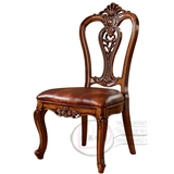 欧式新古典真皮椅子 实木雕花软包豪华餐厅餐椅 酒店洽谈椅麻将椅