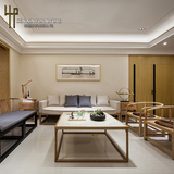 现代新中式禅意沙发组合 样板房布艺会所家具 客厅实木三人沙发