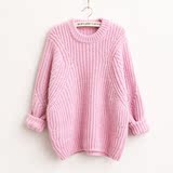 韩国春装新款圆领套头粉色毛衣女2016女装学院风粗线纯色针织衫