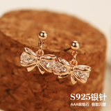 韩国时尚s925纯银耳钉女款气质简约耳饰品耳环钻石防过敏蝴蝶结