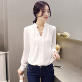 2016新款韩版简约大码白色雪纺衫女长袖宽松显瘦立领衬衫工作正装