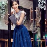 2016夏季王丽坤同款套装百搭针织短袖T恤+蓝色网纱半裙蓬蓬裙套装