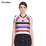 Five Plus2016新品女夏装棉质拼接条纹短款无袖衬衫2HM2010700