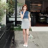 韩版夏季新款复古冰丝背心无袖针织衫条纹半身A字短裙两件套套装
