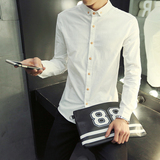 夏季男士亚麻长袖衬衫男装纯白色韩版修身青少年商务休闲棉麻衬衣