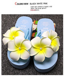 韩版女夏珍珠鸡蛋花人字拖鞋高跟厚底夹脚拖松糕坡跟花朵沙滩拖鞋