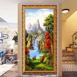 手绘欧式客厅山水风景油画玄关壁炉走廊过道装饰有框画聚宝盆竖版