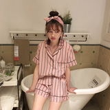 2016夏季韩国版睡衣套装女生舒适衬衫领条纹短袖短裤家居服三件套