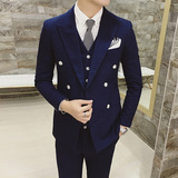 韩版修身西服套装男 新郎伴郎结婚礼服 发型师主持演出西装三件套