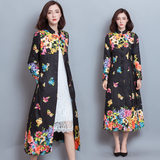 2016韩版秋季新款修身显瘦单排扣女风衣外套超长款印花长大衣