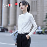 Amii[极简主义]2016秋新品直筒纯色立领印花暗扣长袖衬衫女