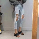 2016韩国代购东大门夏日 X2街头拉丝破洞个性浅蓝做旧性感牛仔裤
