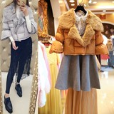 2015冬装新款韩版时尚保暖面包服兔毛翻领短款羽绒棉服棉衣外套女