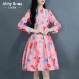 Abby Rona2016春季粉色公主大摆连衣裙中长款长袖印花蓬蓬连衣裙