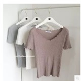 2016夏新款冰丝棉针织短袖T恤女性感超弹力修身木耳边背心打底衫