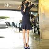 MC欧美高端定制女装 OL显瘦X型包臀七分袖格子荷叶边打底连衣裙