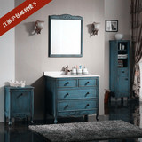 地中海蓝色复古浴室柜橡木美式落地欧式卫浴柜洗手盆洗脸盆柜组合