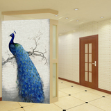蓝色孔雀整张壁纸 欧式油画玄关走廊背景墙纸 大型壁画环保墙壁布