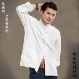 中国风白色纯棉老粗布男士衬衫长袖唐装中式盘扣立领秋冬打底衫