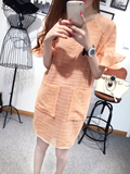 夏季韩版女装荷叶袖大口袋A型娃娃裙 橘粉色短袖欧根纱女连衣裙潮