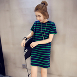 夏装韩版女装修身显瘦中长款条纹体恤侧开叉包臀短袖T恤连衣裙潮