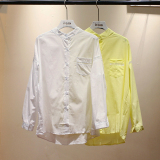 2016春季新款韩版拼接前短后长纯色立领中长款直筒衬衫女上衣