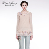 Pink Mary/粉红玛琍修身蕾丝拼接套头针织衫两件套女丽PMAB68002