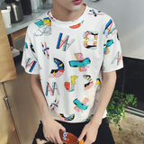禾子2016夏装彩色字母印花流行短袖T恤男韩版青年半截袖体恤男潮