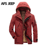 清仓AFS JEEP冬天男士棉衣中长款红色宽松大码纯色中年冬天外套