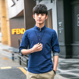 韩版修身棉麻短袖衬衫男夏季七分袖纯色白色立领t恤亚麻中袖衬衣