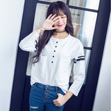 2016春夏韩版新款简约大口袋长袖T恤女学生原宿学院风上衣打底衫