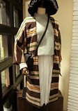 韩版最新七分蝙蝠袖茧型宽松条纹羊绒毛呢子加长女装大衣 长外套