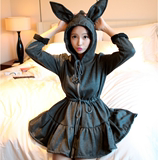 14秋冬新款韩国代购女装正品兔耳朵连帽中长款加绒加厚卫衣连衣裙