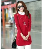 秋冬韩版版衬衫女领假两件针织衫女套头中长款显瘦打底羊绒毛衣衫