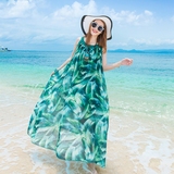 夏大码吊带海边度假羽毛印花连衣裙波西米亚长裙海岛沙滩裙显瘦