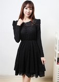 韩国代购2014秋冬新款女装大码蕾丝连衣裙修身显瘦加肥加大靓黑色