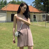 韩国夏季复古百搭纯色打底吊带裙 中长款宽松百褶粉色连衣裙女